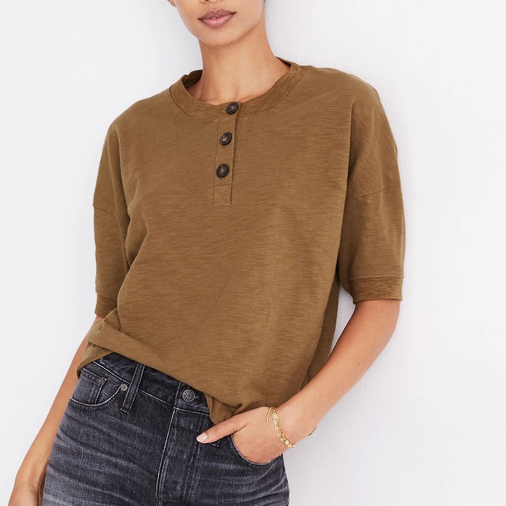 Madewell Olive-Brown Short Sleeve Henley Tee